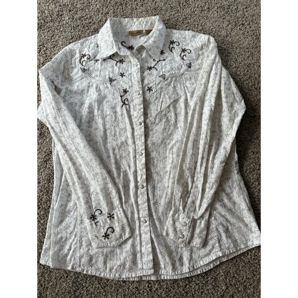 Wrangler Diamond Pearl Snap Western Shirt Wmn’s Lg White And Brown Embroidered - Picture 1 of 8